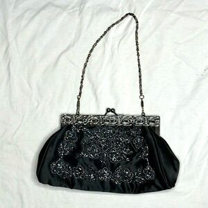 Black Satin Evening Bag Clutch Dark Blue Beading